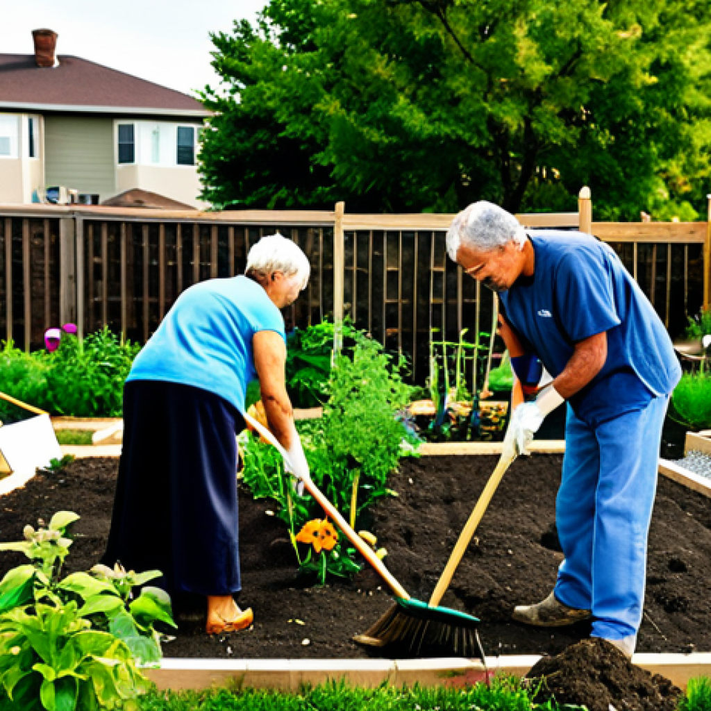**Image Prompt:** A group of diverse neighbors cleaning up a community garden together, planting flowers, fully clothed, appropriate attire, safe for work, perfect anatomy, natural proportions, family-friendly, bright and cheerful lighting, depicting a revitalized old neighborhood.