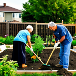 **Image Prompt:** A group of diverse neighbors cleaning up a community garden together, planting flowers, fully clothed, appropriate attire, safe for work, perfect anatomy, natural proportions, family-friendly, bright and cheerful lighting, depicting a revitalized old neighborhood.