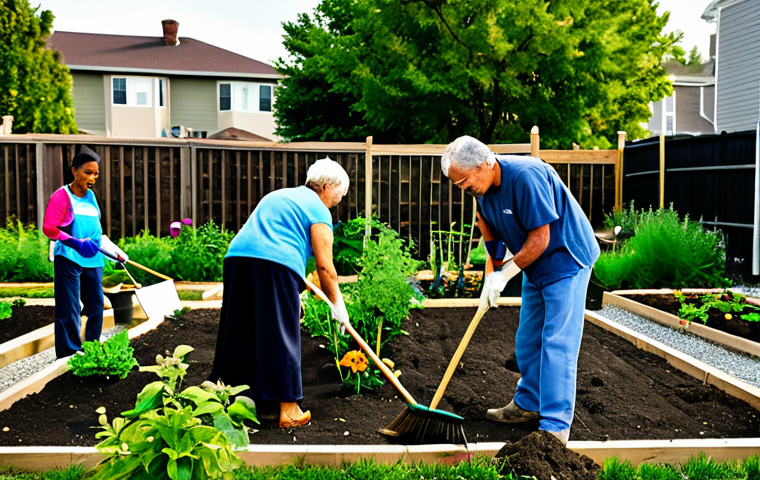 **Image Prompt:** A group of diverse neighbors cleaning up a community garden together, planting flowers, fully clothed, appropriate attire, safe for work, perfect anatomy, natural proportions, family-friendly, bright and cheerful lighting, depicting a revitalized old neighborhood.