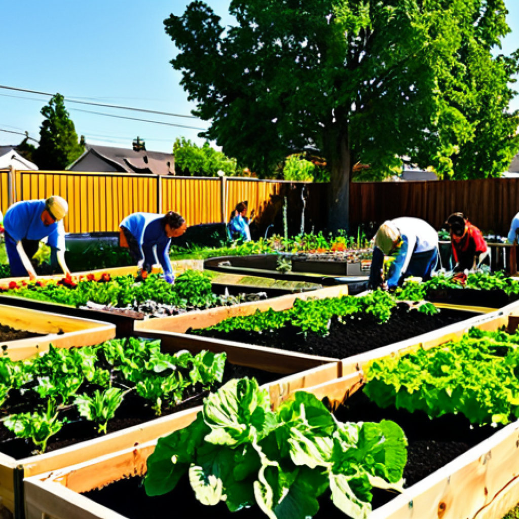 커뮤니티의 비전 수립과 공유 방법 - Community Garden**
"A diverse group of community members, fully clothed and in appropriate gardenin...